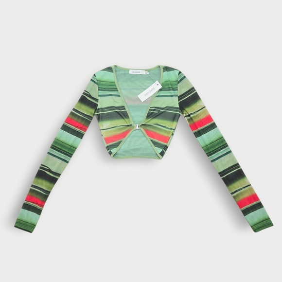 Glassons Crop Top Womens X Small Green Black Mesh Long Sleeve V-Neck Sheer - Picture 1 of 8